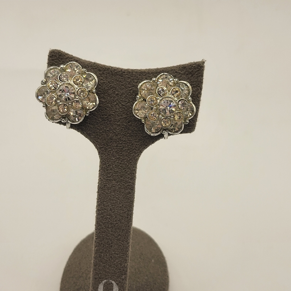 Vintage Silver tone and CZ Screw back Flower earrings